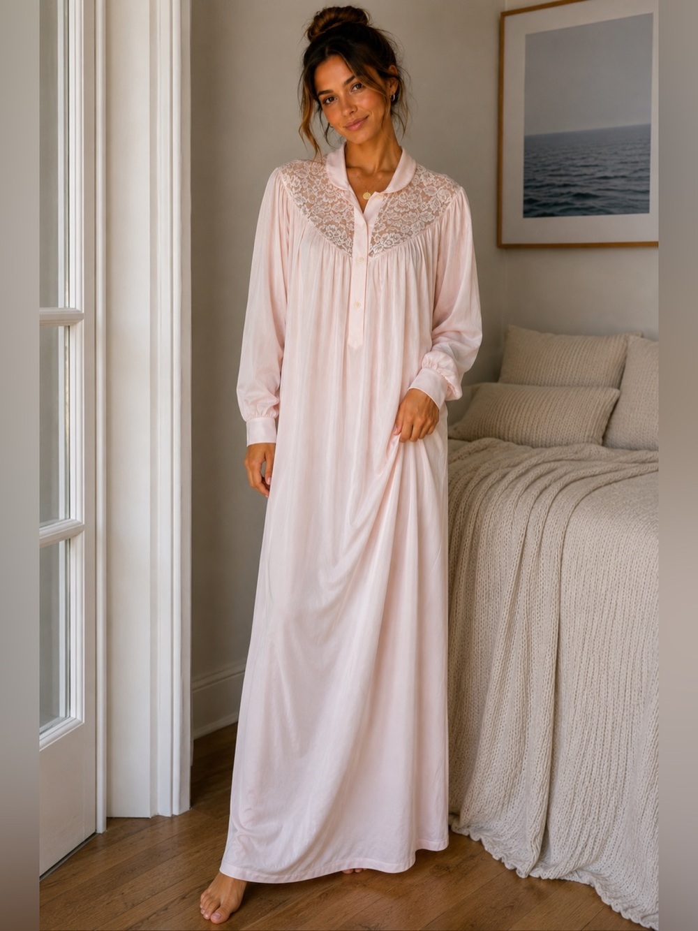 Vintage Sans Souci Pink Lace Yoke Long Sleeve Nightgown VINTAGE size 38